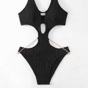 Black Cutout Swimsuit with Gold Chain
